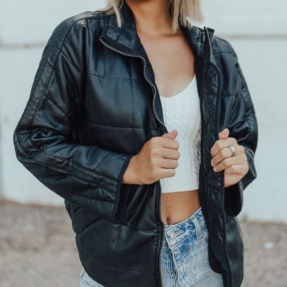 NWT Free People Quilted Vegan Leather Bomber Jacket in Black - Picture 7 of 16